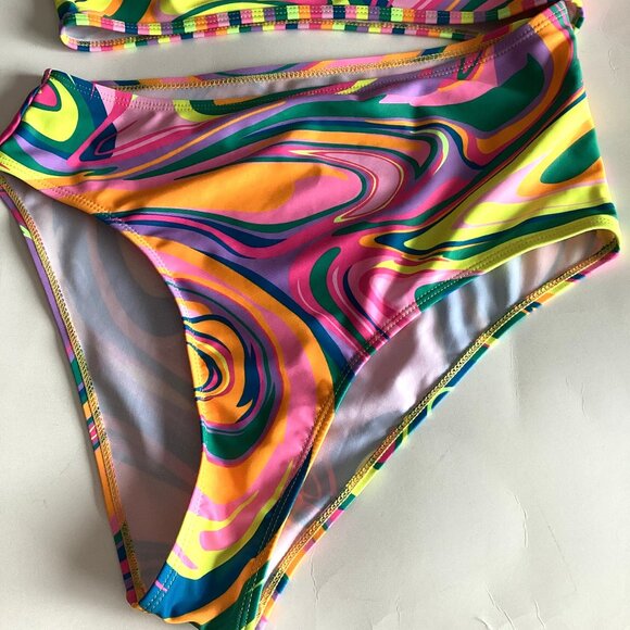 Women's One Piece Swimsuit Swirl Print Asymmetric Cutout Multicolor Abstract - Picture 3 of 7